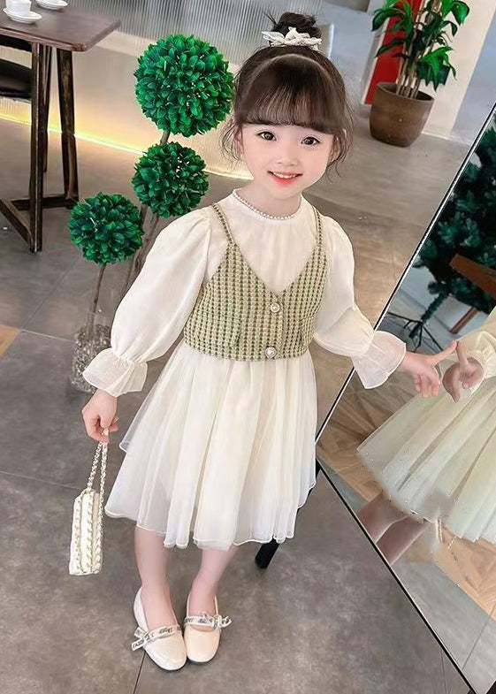 Elegant Green Button Waistcoat And Dress Tulle Kids Two Pieces Set Fall XZ075 FALL-MM-RCTZ-TPGIEC240618