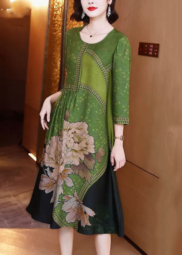 Elegant Green O Neck Print Patchwork Silk Long Dresses Spring OP1080 Ada Fashion