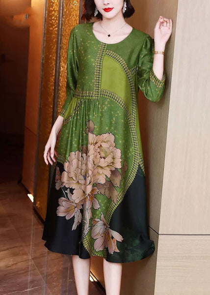 Elegant Green O Neck Print Patchwork Silk Long Dresses Spring OP1080 Ada Fashion