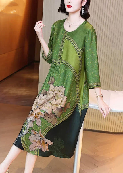 Elegant Green O Neck Print Patchwork Silk Long Dresses Spring OP1080 Ada Fashion