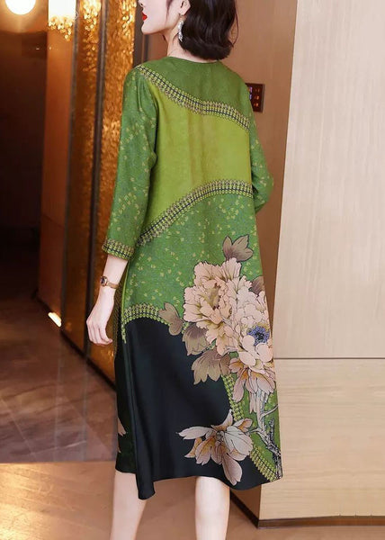 Elegant Green O Neck Print Patchwork Silk Long Dresses Spring OP1080 Ada Fashion