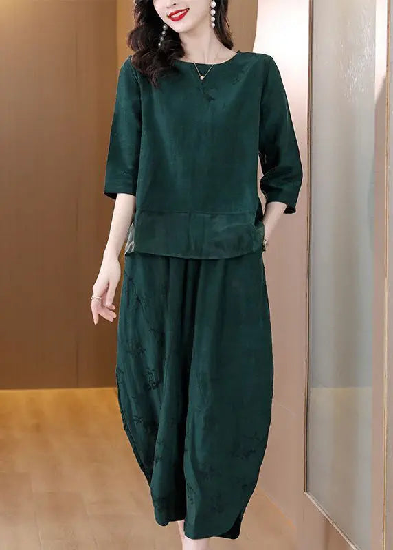 Elegant Green Oversized Patchwork Linen Two Pieces Set Spring Ada Fashion