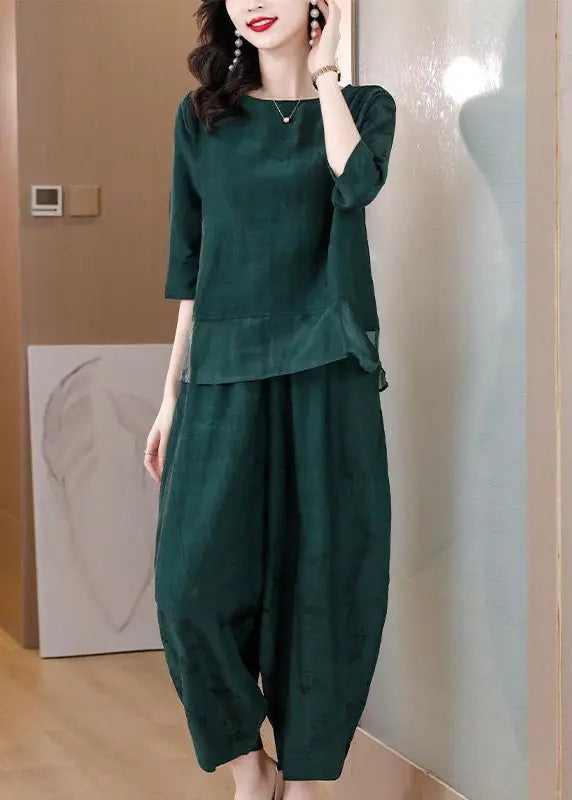 Elegant Green Oversized Patchwork Linen Two Pieces Set Spring Ada Fashion