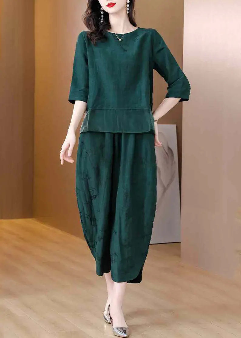 Elegant Green Oversized Patchwork Linen Two Pieces Set Spring Ada Fashion