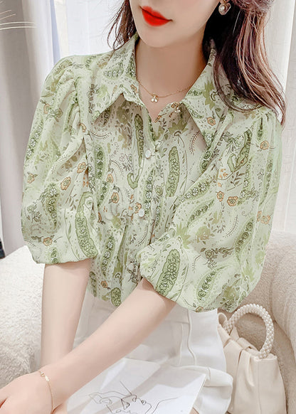 Elegant Green Peter Pan Collar Print Chiffon Shirt Top Lantern Sleeve TZ015