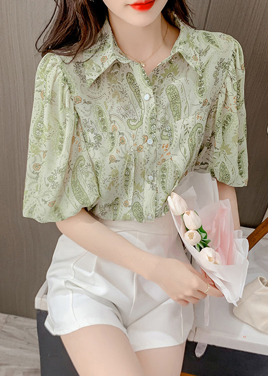 Elegant Green Peter Pan Collar Print Chiffon Shirt Top Lantern Sleeve TZ015