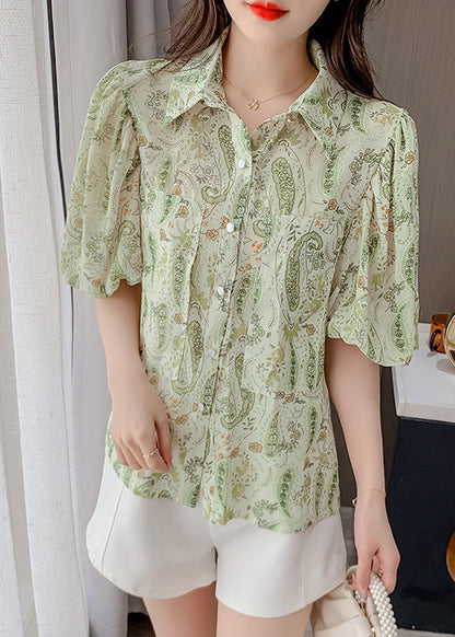 Elegant Green Peter Pan Collar Print Chiffon Shirt Top Lantern Sleeve TZ015