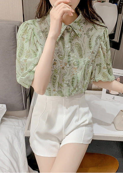 Elegant Green Peter Pan Collar Print Chiffon Shirt Top Lantern Sleeve TZ015