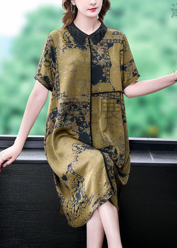 Elegant Green Peter Pan Collar Print Silk Dress Summer BB068 Hawaii-SDL240622