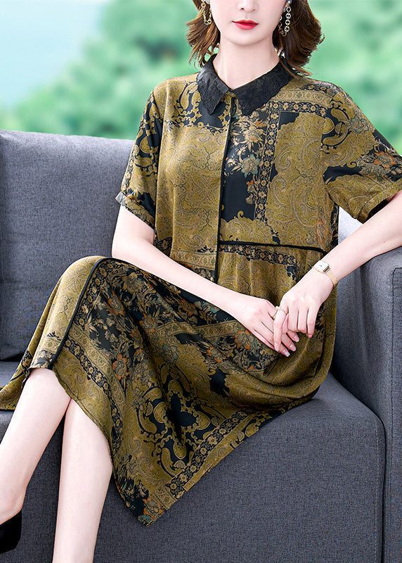 Elegant Green Peter Pan Collar Print Silk Dress Summer BB068 Hawaii-SDL240622