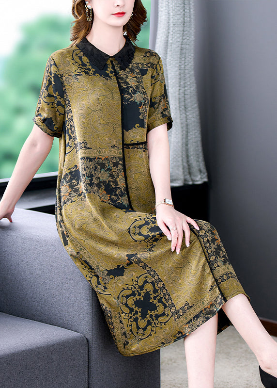Elegant Green Peter Pan Collar Print Silk Dress Summer BB068 Hawaii-SDL240622