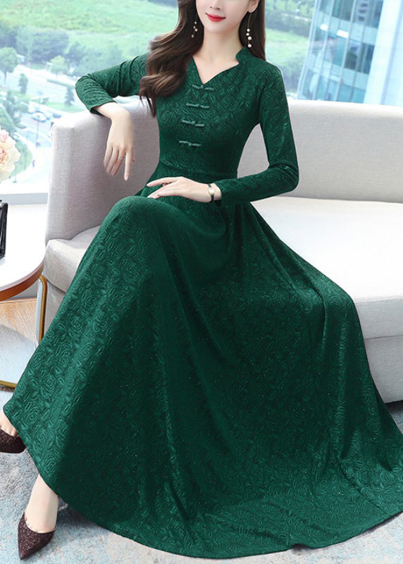 Elegant Green Print Chinese Button Cotton Long Dresses OO027 OM-CS240814