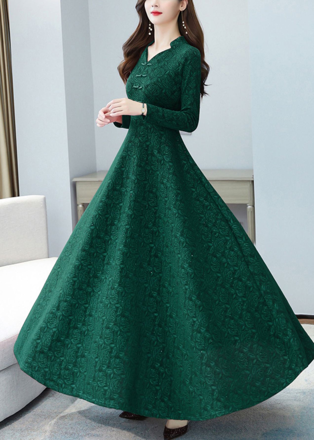 Elegant Green Print Chinese Button Cotton Long Dresses OO027 OM-CS240814
