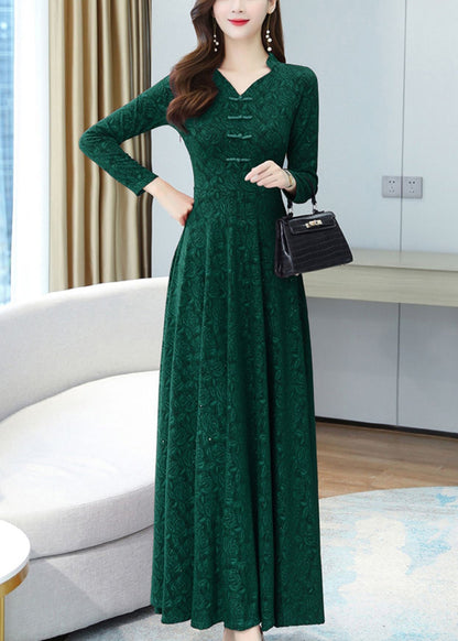 Elegant Green Print Chinese Button Cotton Long Dresses OO027 OM-CS240814