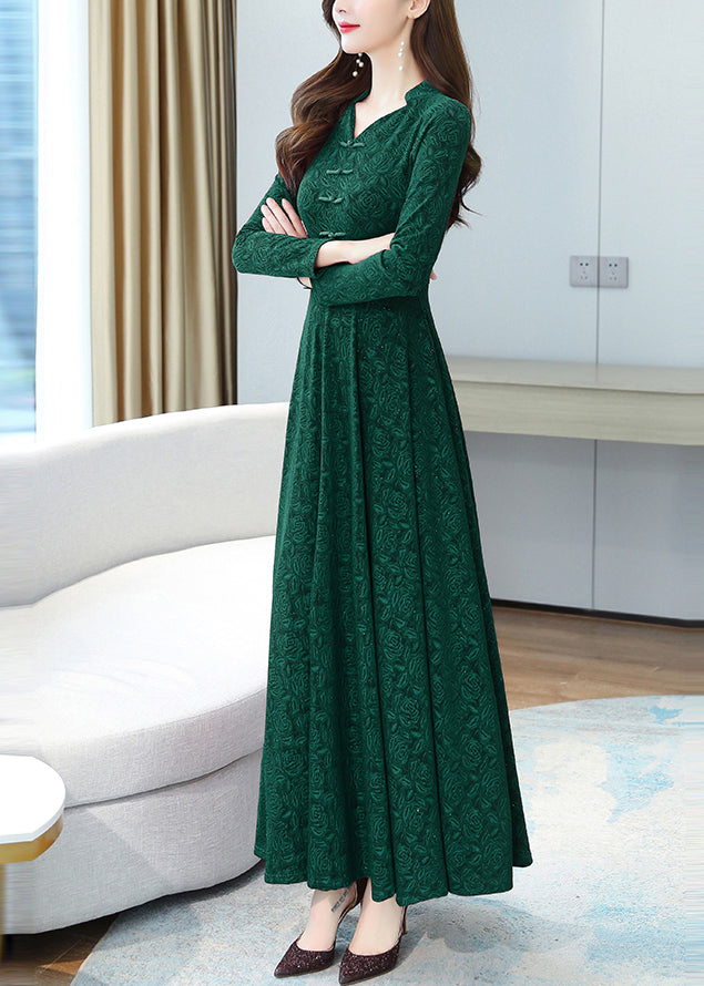 Elegant Green Print Chinese Button Cotton Long Dresses OO027 OM-CS240814