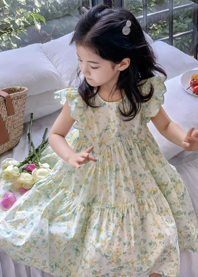 Elegant Green Print Wrinkled Cotton Girls Dress Summer EW043 WS-RCTZSDGL240809