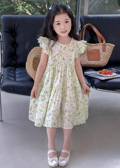Elegant Green Print Wrinkled Cotton Girls Dress Summer EW043 WS-RCTZSDGL240809