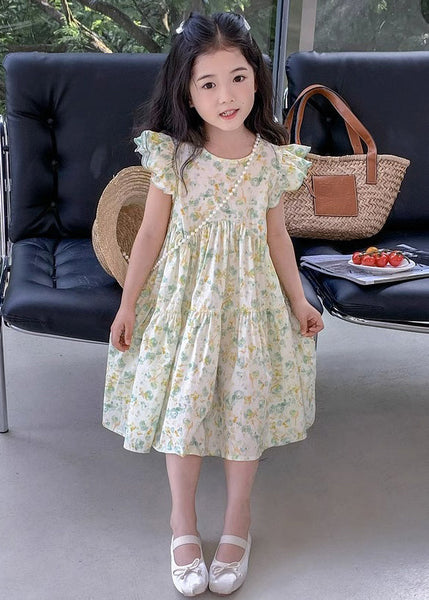 Elegant Green Print Wrinkled Cotton Girls Dress Summer EW043 WS-RCTZSDGL240809