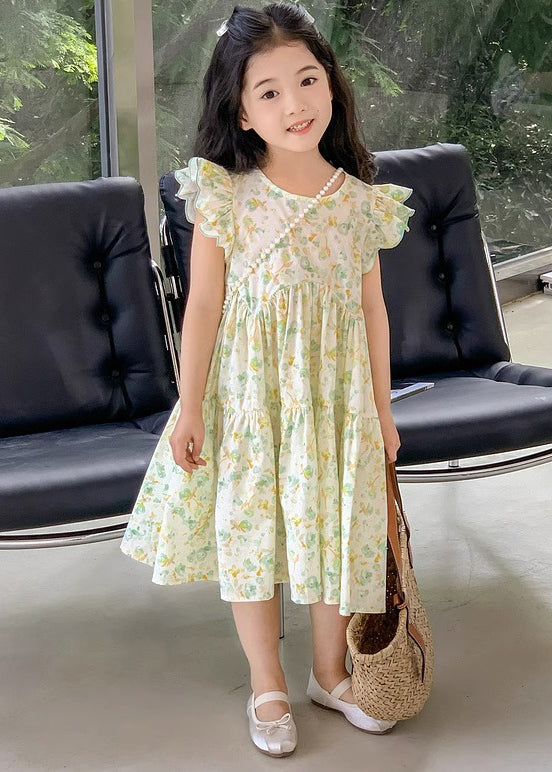 Elegant Green Print Wrinkled Cotton Girls Dress Summer EW043 WS-RCTZSDGL240809