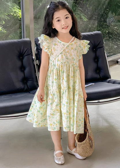 Elegant Green Print Wrinkled Cotton Girls Dress Summer EW043 WS-RCTZSDGL240809