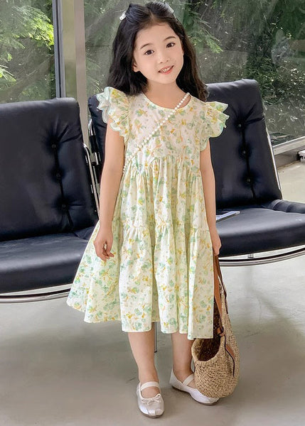 Elegant Green Print Wrinkled Cotton Girls Dress Summer EW043 WS-RCTZSDGL240809