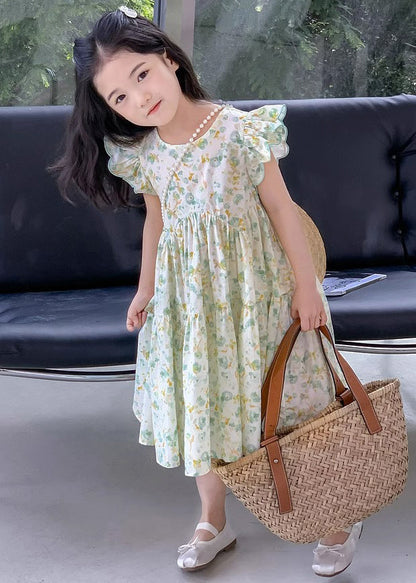 Elegant Green Print Wrinkled Cotton Girls Dress Summer EW043 WS-RCTZSDGL240809