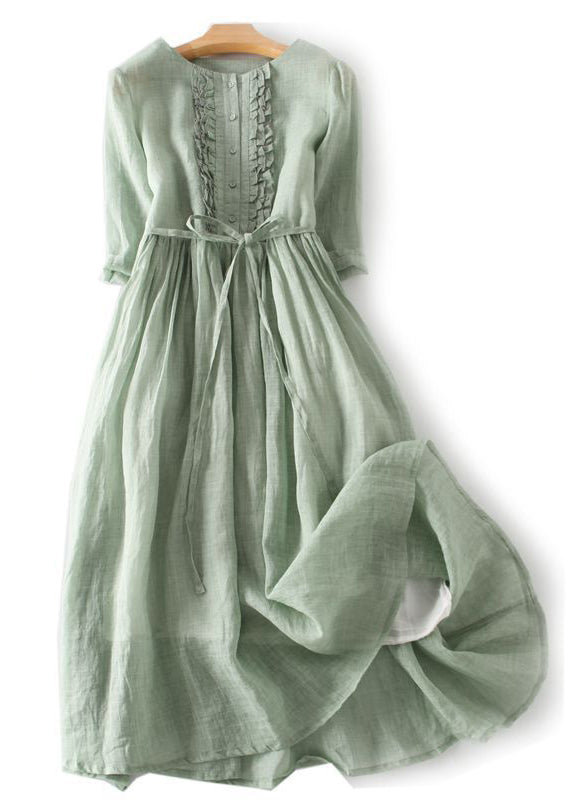 Elegant Green Ruffled Button Tie Waist Cotton Long Dress Half Sleeve QA030 OM-BB241009