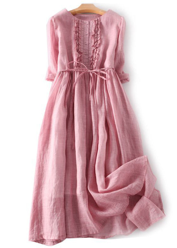 Elegant Green Ruffled Button Tie Waist Cotton Long Dress Half Sleeve QA030 OM-BB241009