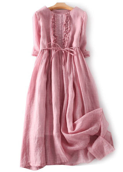 Elegant Green Ruffled Button Tie Waist Cotton Long Dress Half Sleeve QA030 OM-BB241009