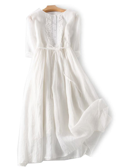 Elegant Green Ruffled Button Tie Waist Cotton Long Dress Half Sleeve QA030 OM-BB241009