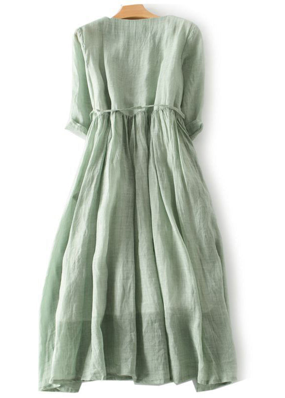 Elegant Green Ruffled Button Tie Waist Cotton Long Dress Half Sleeve QA030 OM-BB241009