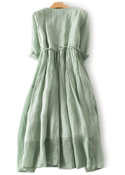Elegant Green Ruffled Button Tie Waist Cotton Long Dress Half Sleeve QA030 OM-BB241009