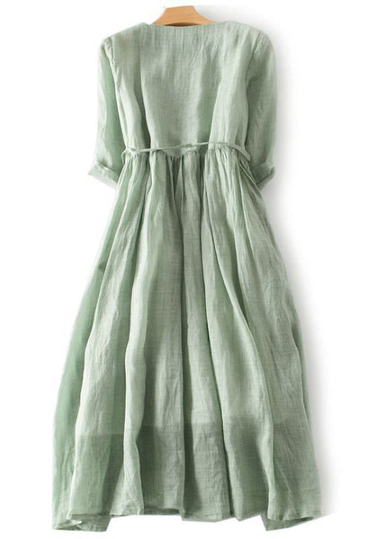 Elegant Green Ruffled Button Tie Waist Cotton Long Dress Half Sleeve QA030 OM-BB241009
