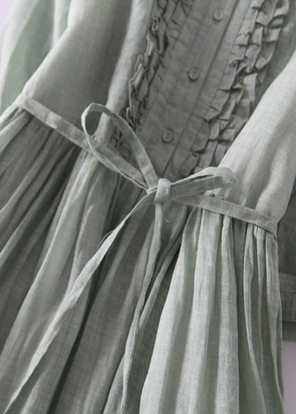 Elegant Green Ruffled Button Tie Waist Cotton Long Dress Half Sleeve QA030 OM-BB241009