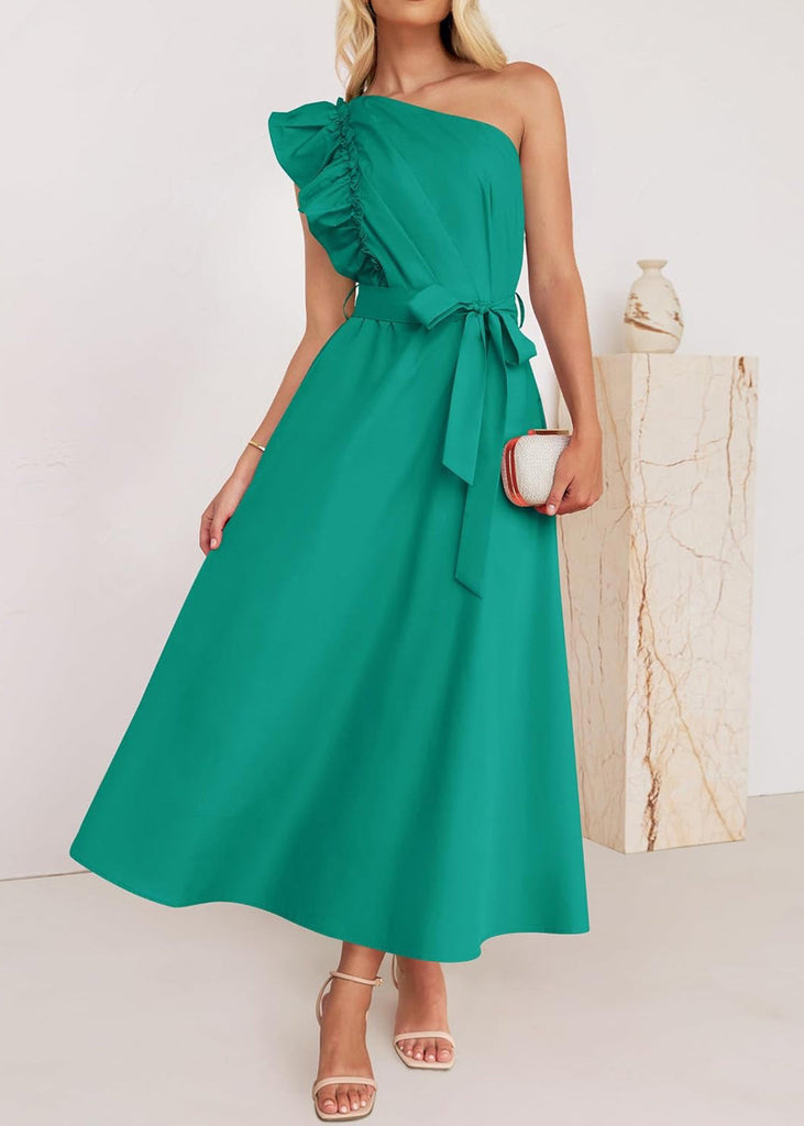 Elegant Green Ruffled Tie Waist Cotton Long Dress Summer BB059 Hawaii-SDL240622