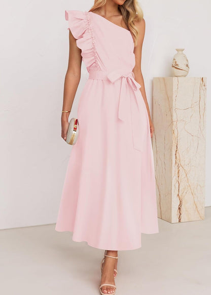 Elegant Green Ruffled Tie Waist Cotton Long Dress Summer BB059 Hawaii-SDL240622