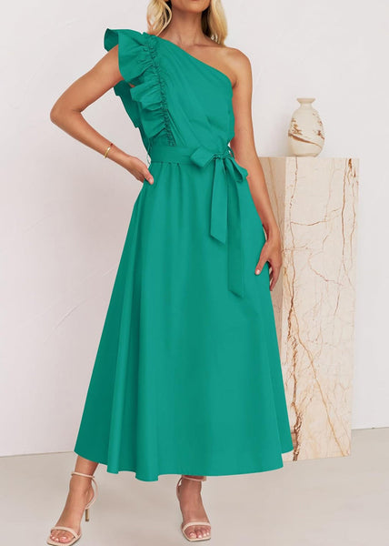 Elegant Green Ruffled Tie Waist Cotton Long Dress Summer BB059 Hawaii-SDL240622
