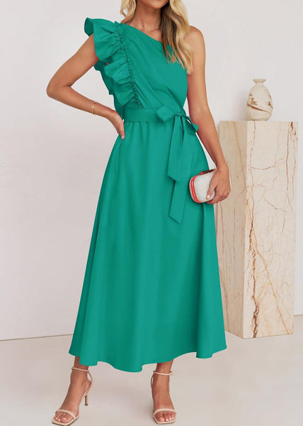 Elegant Green Ruffled Tie Waist Cotton Long Dress Summer BB059 Hawaii-SDL240622