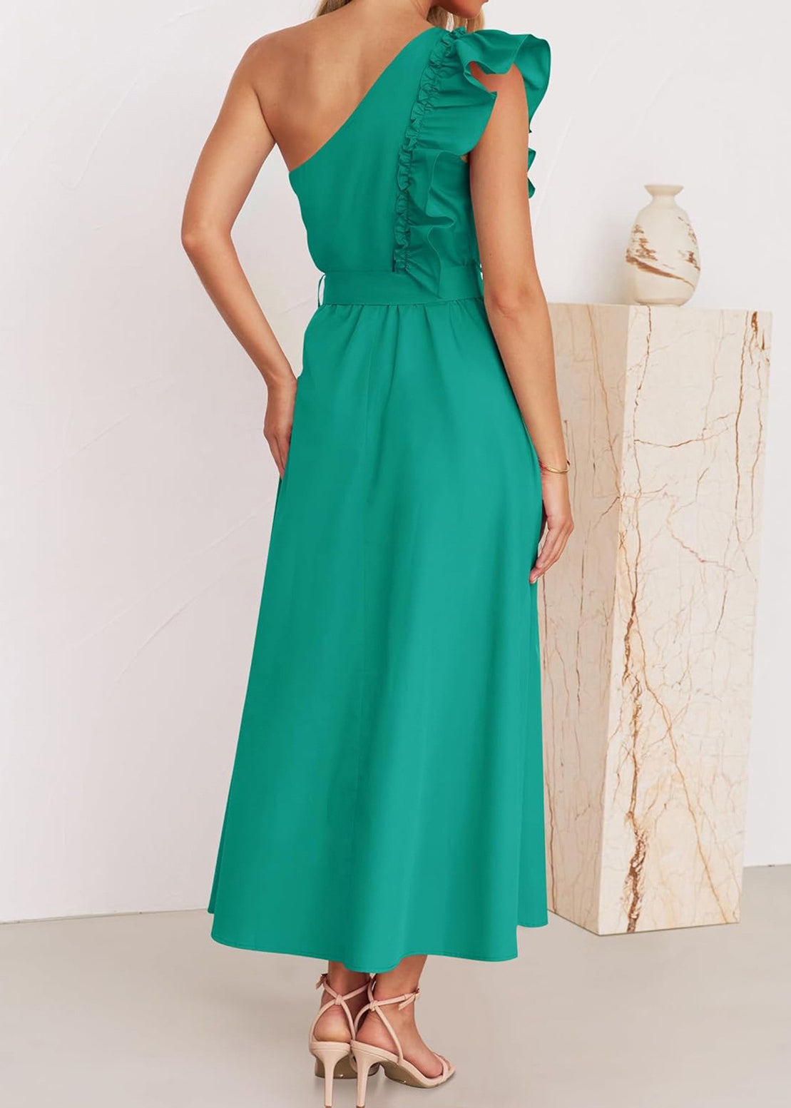 Elegant Green Ruffled Tie Waist Cotton Long Dress Summer BB059 Hawaii-SDL240622