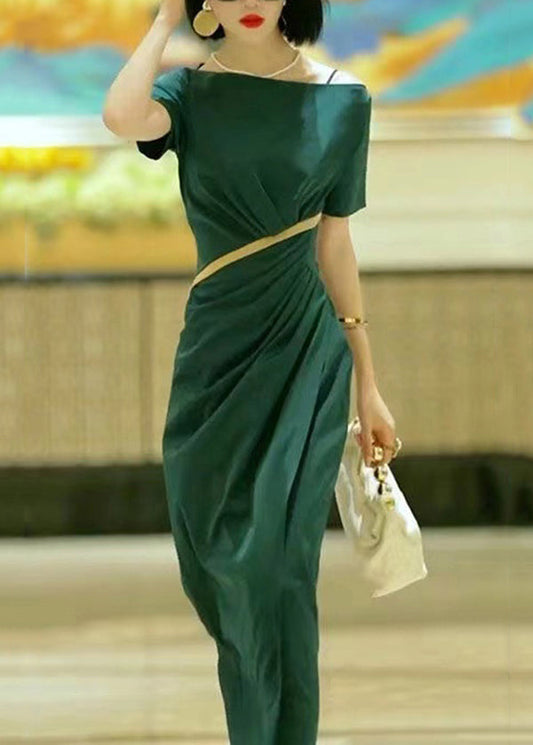 Elegant Green Slash Neck Slim Fit Cotton Dress Summer EE1017 SH-LF-SDL240517
