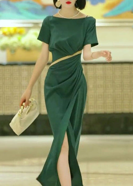 Elegant Green Slash Neck Slim Fit Cotton Dress Summer EE1017 SH-LF-SDL240517