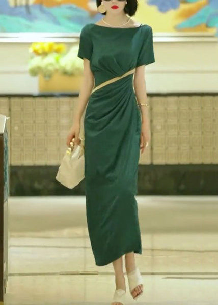 Elegant Green Slash Neck Slim Fit Cotton Dress Summer EE1017 SH-LF-SDL240517