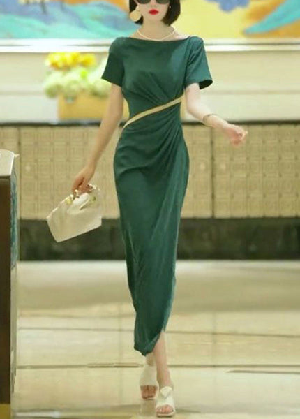 Elegant Green Slash Neck Slim Fit Cotton Dress Summer EE1017 SH-LF-SDL240517