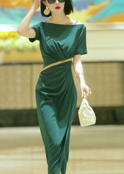 Elegant Green Slash Neck Slim Fit Cotton Dress Summer EE1017 SH-LF-SDL240517