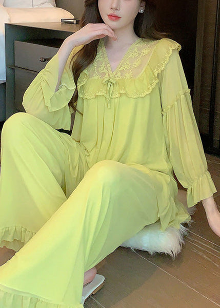 Collar Piece Pajamas Suit Square Green Up Elegant Tulle Lace Two FashionChic