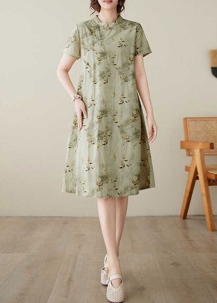 Cotton Elegant Button Dress Collar Print Summer Stand Green FashionChic