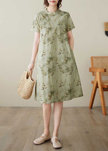 Cotton Elegant Button Dress Collar Print Summer Stand Green FashionChic