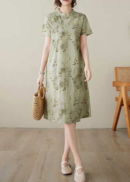 Cotton Elegant Button Dress Collar Print Summer Stand Green FashionChic
