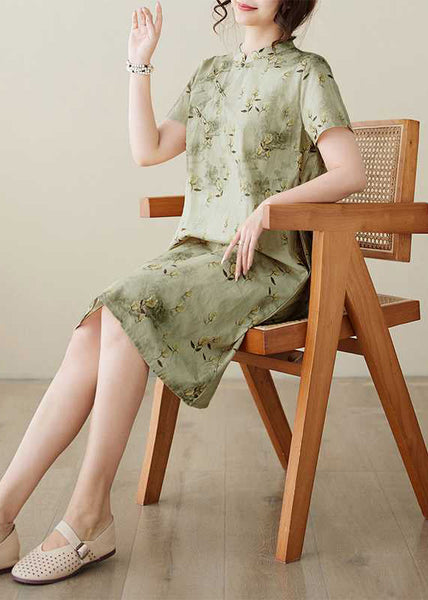 Cotton Elegant Button Dress Collar Print Summer Stand Green FashionChic