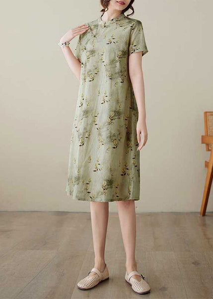 Cotton Elegant Button Dress Collar Print Summer Stand Green FashionChic